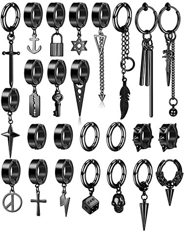Diamday 25 Stück Ohrclips für Herren - Edelstahl Kreuz Kette Baumeln Ohrringe Schwarz Huggie Non Pierced Punk Gothic Kpop Set Fake Creolen