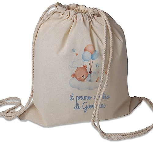 Generico Il Primo Cambio Sacchetto Porta Corredino Bebè Neonato Zaino A Sacca In Cotone 130gr Personalizzato con Nome e Orsetto Idea Regalo Natale Compleanno Nuova Nascita Bimbo Bimba in Arrivo