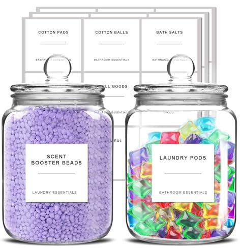 Sunal Glass Jars for Laundry Room Organization, Washing Powder Storage Container, 2 x 1.9L with 24 Labels and Airtight Lid, Large Laundry Detergent Dispenser, 2 Jars