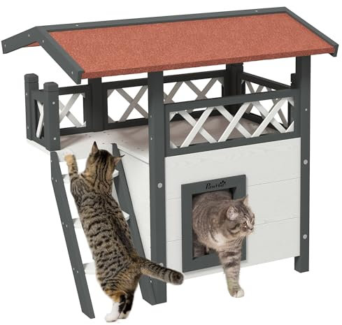 PawHut Katzenhaus aus Holz Winterfest wasserdicht Katzenhütte mit Asphaltdach Terrasse Treppe Katzenhöhle Katzenkiste Outdoor Schutzhütte für Draußen Garten Balkon 77 x 50 x 73 cm, Weiß