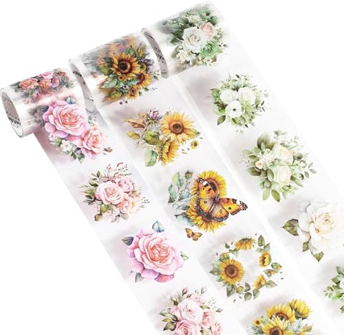 MisFun 3 Stück Washi Tape PET, Blumen Washitape, Scrapbook Stickers Transparent, Washi Sticker Wasserdicht, Vintage Sticker für Scrapbooking, Journaling, Bullet Journals, Mobile Phones