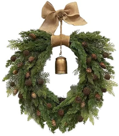 JYCRA 50 cm Weihnachtskranz-Dekorationen, Norfolk-Kiefernkranz mit Vintage-Charme-Kuhglocke, Weihnachtskränze für die Haustür, Weihnachtstürkranz für Weihnachtsdekoration