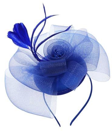 IYOU Sposa Matrimonio Fascinator Cappelli Blu Reale Fiocco Fiore Copricapo con Clip Piuma Cocktail Tè Party Accessori Capelli per Donne