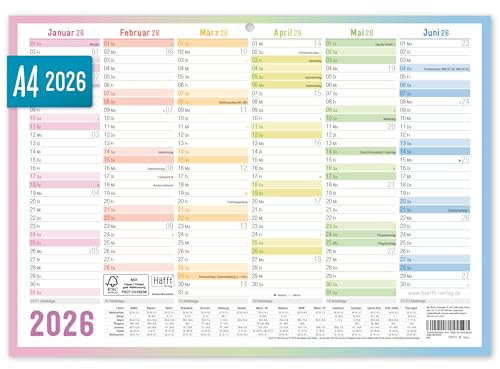 Häfft® Premium Tafelkalender 2026 A4 quer mit Ferien & Feiertagen, 850g/m² Karton - Jahresplaner, Wandkalender, Jahreskalender Rainbow - nachhaltig & klimafreundlich