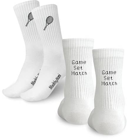 Made by Nami Calzini Tennis Ricamo Game Set Match Bianchi Cotone Unisex Set 2 Pezzi