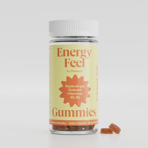 Energy Feel – Activa tu cuerpo y mente – Con la cafeína del Guaraná, el poder revitalizante del Goji, Vitaminas B5 y B6 – 60 Gummies sabor tropical – by Plameca