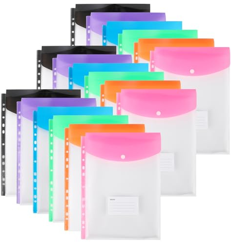 Cartelle portadocumenti in plastica A4 con tasche perforate, 11 fori, espansibili, per raccoglitori a 2/3/4 anelli, con bottone a pressione e etichetta, fogli sciolti trasparenti per ufficio, scuola