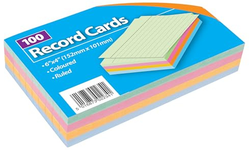 Record Cards with Headline, A6, Multi-Coloured, Lined, Pack of 100