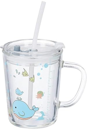 Banzimiao Tazza di Latte con Bilancia, Tazza da latte con cannuccia, Bicchiere con Cannuccia e Coperchio per caffè, succhi di frutta, tè freddo, Balena blu, 350 ml (F)