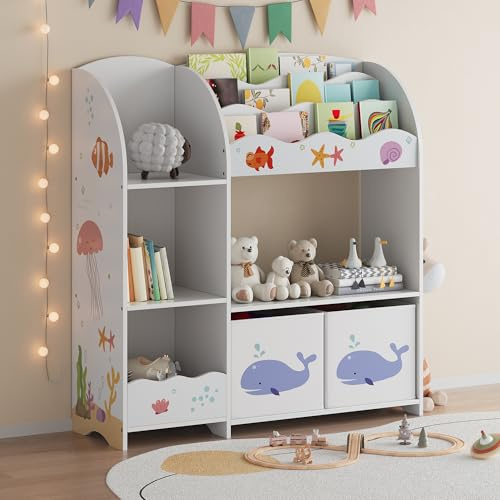 [en.casa] Scaffale per Cameretta con Ripiani 2 Scatole Porta Giochi Contenitori a Scaletta per Bambini Mobile Organizzatore a Misura di Bimbi - Design Aqua Dream