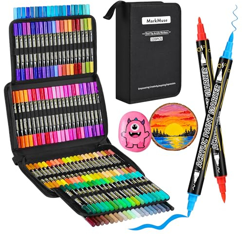 120 Colour Acrylic Marker Pens, Dual Tip Fast-Dry & Water-Based Acrylic Paint Pens for Rock, Wood, Canvas & Ceramic Painting, Non-Toxic Art Supplies for Adult Artists & DIY Craft Projects