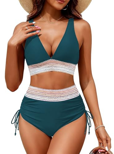 Women's High Waisted Bikini Set with Adjustable Shoulder Straps Top Bottoms 2 Piece Bikini Swimsuit Tummy Control Swimming Costume for Beach Holiday (UK, Numeric, 10, 12, Regular, Regular, Blue)