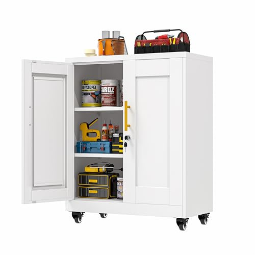 GAIOUS Metal Storage Cabinet with Lock and Wheels, Steel Office Cabinet with 2 Door and 2 Adjustable Shelves, 35” Tall Lockable File Cabinet, Garage Cabinet, Rolling Cabinet for Home Office - White