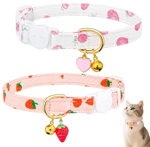2 Pcs 18-30 Cm Pink and White Breakaway Cat Collars with Bells