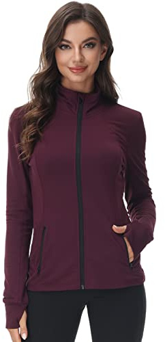 COZZIPLUS Women Zip up Athletic Running Jacket Lightweight Exercise Workout Yoga Top with Thumb Holes and Pocket, Style 1- Burgandy, L