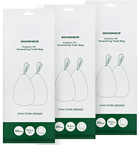 SONGMICS Sacs Poubelles Résistants, Sacs Poubelles à Liens Coulissants pour Poubelles de Cuisine 50 L, Pré-séparés, Code du Sac 050A01, 3 Rouleaux, 120 Pièces, Blanc KRB050A03