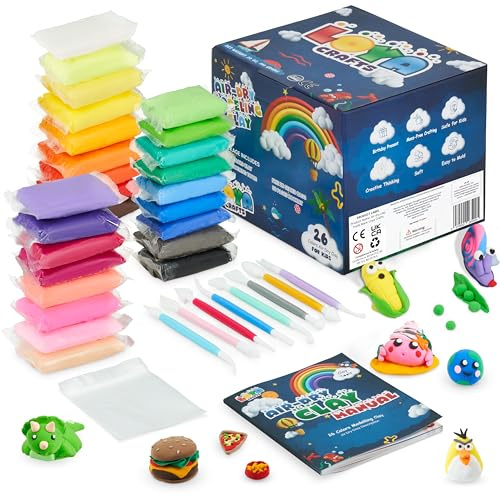 Air Dry Clay for Kids for Kids, 26 Colors Modelling Clay with 8 Tools, Project Booklet, 26 Poly Bags, Soft Ultra Light Magic Clay, Quick Drying Foam Clay for Children, Art & Craft Kits