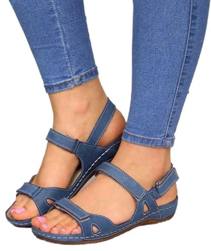 Womens Orthopedic Sandal, Comfort Wedge Sandals for Women, Orthotic Open Toe Ladies Sandals, Summer Anti-Slip Platform Beach Shoes, Cushion Walk Leather Sandals with Arch Support (3, Blue)