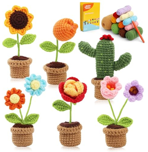 Doxiru Crochet Kit for Beginners, 6Pcs Crochet Flower Crochet Starter Kit, Crochet Yarn Kit with Step-by-Step Instructions and Video Tutorials for Gifts Decorative Home