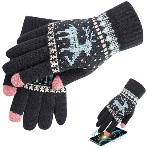 KARELLS Touchscreen Damen Winterhandschuhe, Frauen Fäustlinge, Baumwoll-Strick Handschuhe, Warme Vollfinger-Bildschirm-Rehkitz-Jacquard-Handschuhe, Schwarz