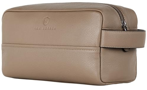 VON HEESEN Kulturbeutel Leder Kulturtasche für Herren & Damen - Echtleder Necessaire ideal zum Reisen - Waschtasche und Kosmetiktasche mit einem Hauptfach Taupe, groß