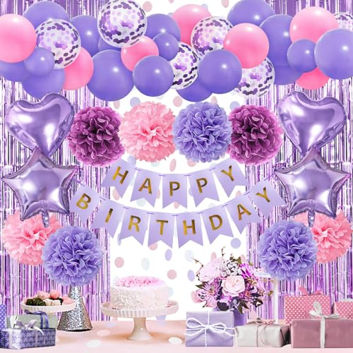 ZERODECO Lila födelsedagsdekoration, Happy Birthday Girl Ang Lila Rosa Pom Poms Gardin Balonger Födelsedagsdekoration Flickor Kvinnor damer Barns Födelsedag Dekoration