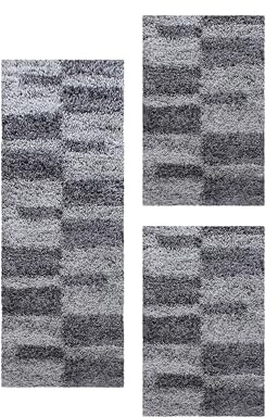 Carpetsale24, Set 3 Tappeti Shaggy Grigio per Camera da Letto – Pelo Lungo, Motivo a Quadri – 2x 60x110 cm + 1x 80x150 cm – Morbidi e Facili da Pulire