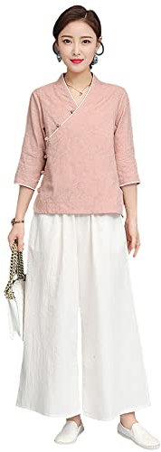 Samnuerly Kampfsportbekleidung für Damen | Traditionelle chinesische Uniformen für Tai Chi und Wing Chun | Leichte Anzüge für Meditation und Qigong, Weiß+Pink-XXL (Rosa M)