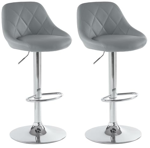 LEADZM Tabouret de Bar Lot de 2 Chaise de Bar Réglable Hauteur en PU Rotatif sur 360°, avec Dossier et Repose-Pieds (Gris)
