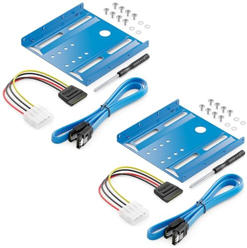 deleyCON 2X Einbaurahmen für 2,5 Festplatten SSD's auf 3,5 Adapter Wechselrahmen Mounting Frame Halterung Schienen inkl. Schrauben Stromadapter SATA Kabel & Schraubendreher - Blau