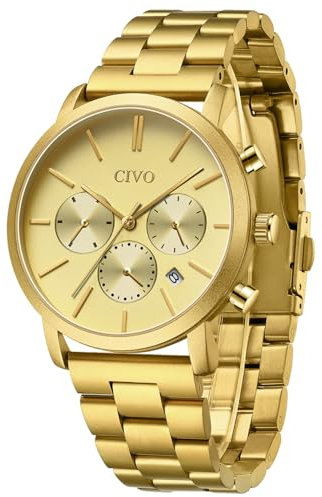 CIVO Armbanduhr Herren Chronograph Analog: Gold Wasserdicht Mode Herrenuhren - Edelstahl Uhren fur Männer Geschenk