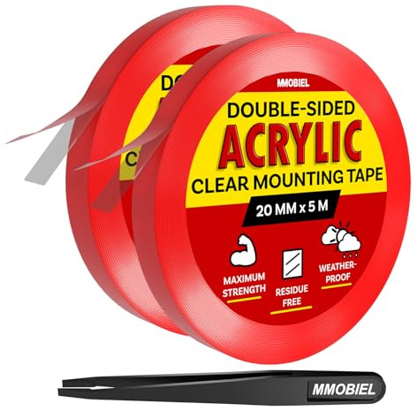 Cinta Adhesiva Doble Cara Acrílica [2 Pack] – 5m x 20mm Adhesiva Interior/Exterior - Transparente Nano Tape Removible Extrafuerte - Cinta Pared Colgar, Tape Fijar Alfombra, Impermeable - incl. Pinza