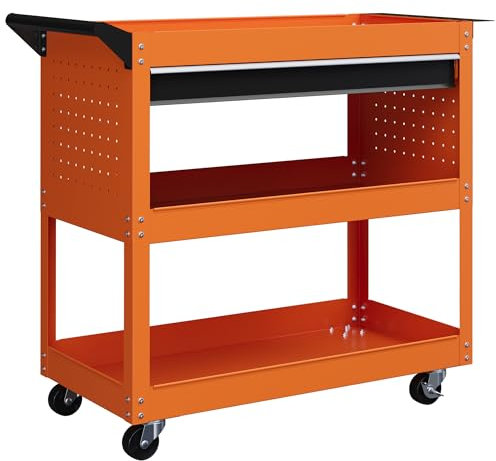 DURHAND Carrello Porta Attrezzi con Manico e Scheda Laterale, Cassetto e 3 Ripiani, Carrello Officina Porta Utensili con 4 Ruote(2 con Freno) in Lamiera di Acciaio per Garage, 82x35x76 cm, Arancione
