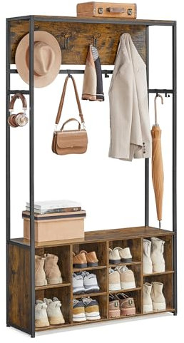 VASAGLE Kleiderständer, Garderobe, Eingangsmöbel mit Schuhregal, offene Fächer, Kleiderhaken, verstellbare Ablagen, Industrie-Stil, für Flur, Eingangsbereich, vintagebraun-tintenschwarz HSR432K01