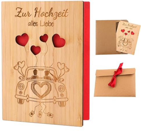 CUEMOON Bröllopskort trä med kuvert, kort till bröllop presentkort för bröllopsresa bröllopspresenter för brudpar 15 x 11 cm bröllopskort trä