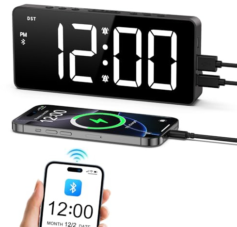 OQIMAX Digital väckarklocka, LED Sovrumsklocka med Bluetooth-synkroniseringstid, Automatisk synkroniseringstid Väckarklocka, Justerbar volym ljusstyrka, Snooze, för hem vardagsrum
