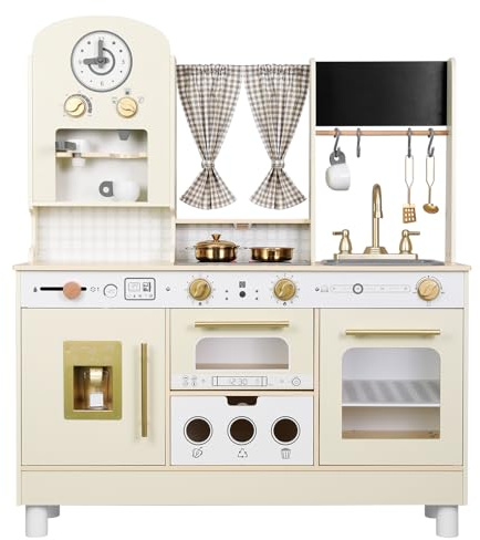 EDUBEBO Juego de Cocina para niños, Cocina de Madera Ajustable, Viene con Varios Accesorios de Cocina, Regalo Ideal para niños de 3 a 8 años (Blanco)