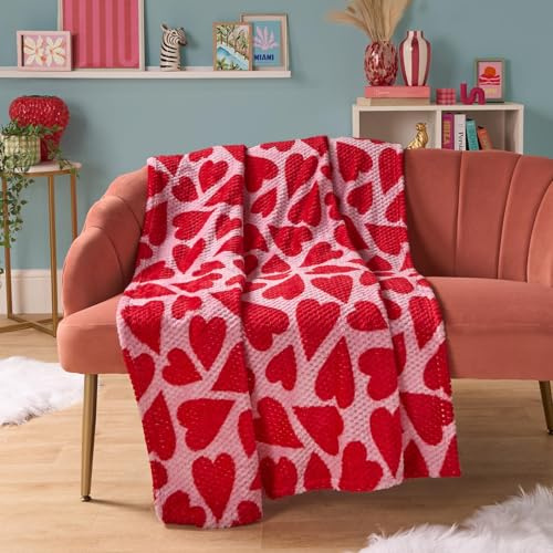 OHS Hearts Throws for Sofas Pink Blanket, Valentines Gifts for Her Super Soft Cosy Warm Waffle Fleece Blanket for Bed Settee Valentines Decorations Single Bed Throw, Pink/Red - 125 x 150cm