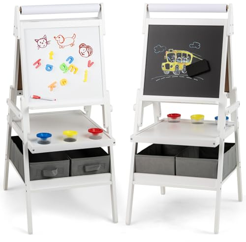 COSTWAY 3 in 1 Kids Art Easel, Double-Sided Toddler Drawing Board with Magnetic Whiteboard & Chalkboard, Paper Roll, 3 Paint Cups, Storage Bins and Racks, Children Easels for 3-6 Yeas Old (White)