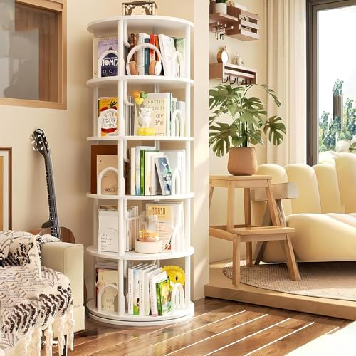 Estantería giratoria de 360°, Librería de Madera, estantería de pie, estante de almacenamiento de pie, Organizador Libros, CDs, Estanteria de Esquina para Salon, Estudio y Dormitorio (B, 5 Niveles)