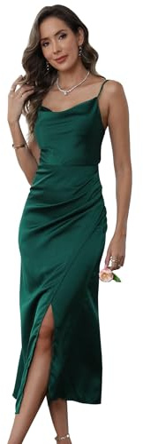 Wellwits Women's Satin Spaghetti Strap Cowl Neck Drape Formal Dress Dark Green S