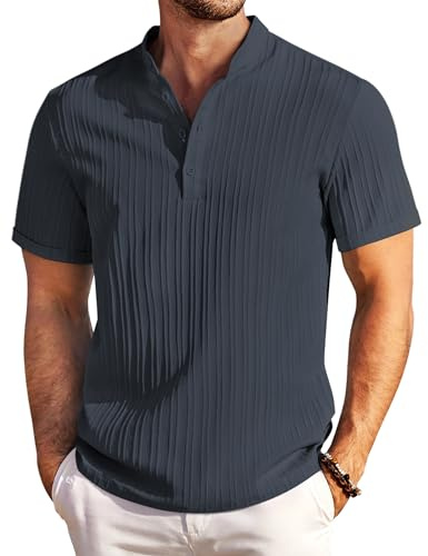 COOFANDY Henley Chemise d'été Chemise décontractée pour Homme à col Montant Manches Courtes Plage Chemise d'été texturée | Légèrement extensible, séchage rapide, col Henley, parfait pour les vacances ou les loisirs, coupe droite