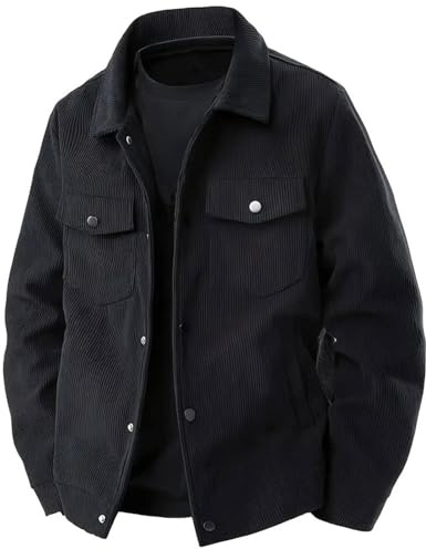 PADOLA Veste Homme Velours Côtelé à Boutons-Pression Blouson Automne avec Multi-Poches Veste mi Saison Cowboy Chemise Uni Coupe Vent Cargo Surchemise Vintage Manteau Cadeau (2 Noir, L)