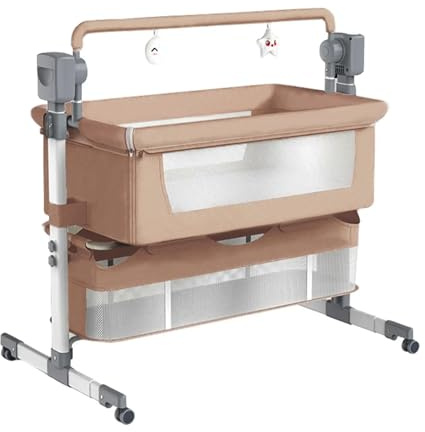 Oubeauou Baby sängkorg, 4-i-1 bärbar spjälsäng med automatisk gunga, fjärrkontroll, justerbar höjd, multiscenlägen, 8/15/30 minuters timer (brun)