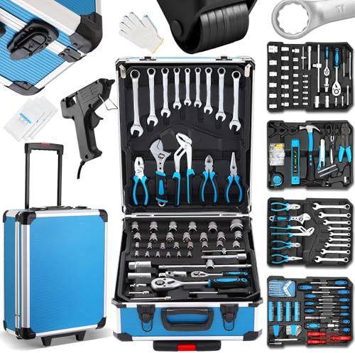 TEENO Boite à Outils | 1000 Pièces | Caisse a Outil en Chrome Vanadium | Outil Multifonction avec Valise Aluminium et Poignée Télescopique | Malette Outils Roulante pour Maison et Auto
