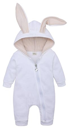 Generisch Costume de Pâques 2026 - Grenouillère de Pâques - Longue oreilles - Lapin - Sweat à capuche - Avec fermeture éclair (blanc, 9-12 mois)