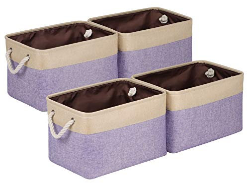 Univivi Foldable Storage Basket 4 Pack, Rectangle Large Storage Baskets with Sturdy Cotton Carry Handles, Fabric Storage Box for Sorting Clothes, Books, Toys, Family Items (15inch Purple )