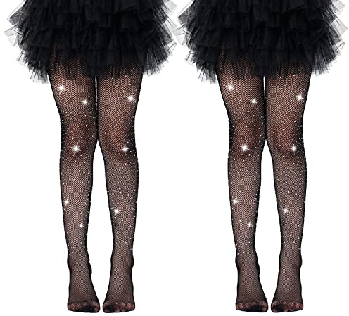 MANZI Girls Fishnet Tights Rhinestone Black Tights for Girls Sparkle Fishnet Stockings for Ballet Costume Halloween(Pack of 2) Black