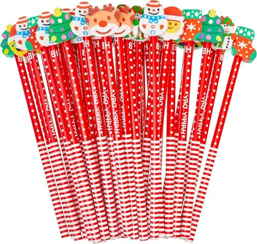 LATERN 60Pz Lápices Navideños con Borradores, 8 Estilos Borradores de Dibujos Animados en el Extremo de los Lápices, Muñeco de Nieve con Lápices de Renos de Papá Noel para Rellenos de Calcetines