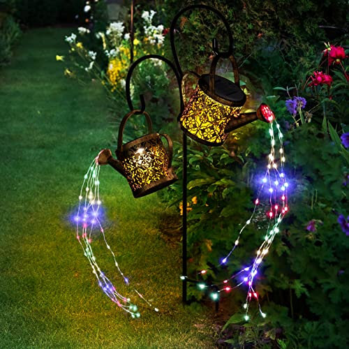 KERNOWO Solar Watering Can Light, 2 Pack Garden Ornaments Outdoor Decorations Watering Can Solar Lights IP65 Waterproof Metal Pathway Lighting with String Lights & Shepherd Hook